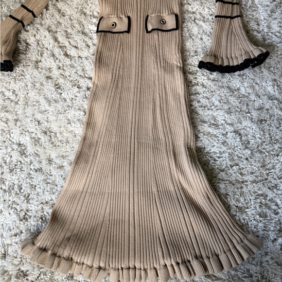 Elegant Long Sleeve Beige Thick vintage design unique Dress with Black Trim - Picture 5 of 6